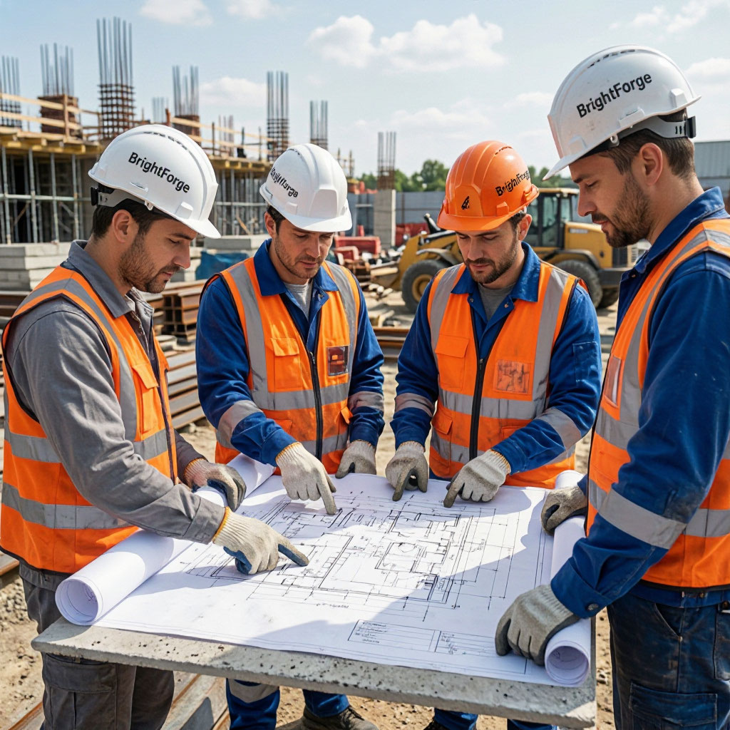 BrightForge team reviewing blueprints on a job site
