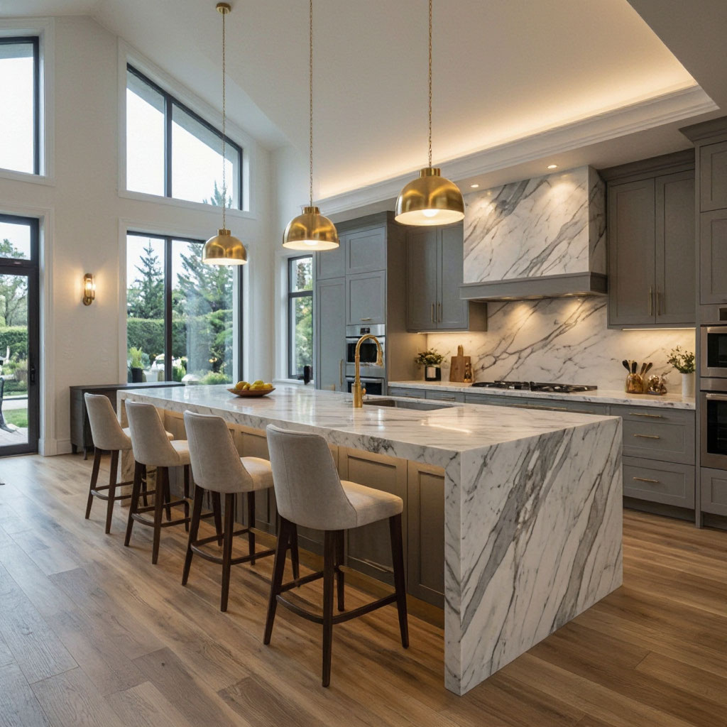 Renovated open-concept kitchen with large island