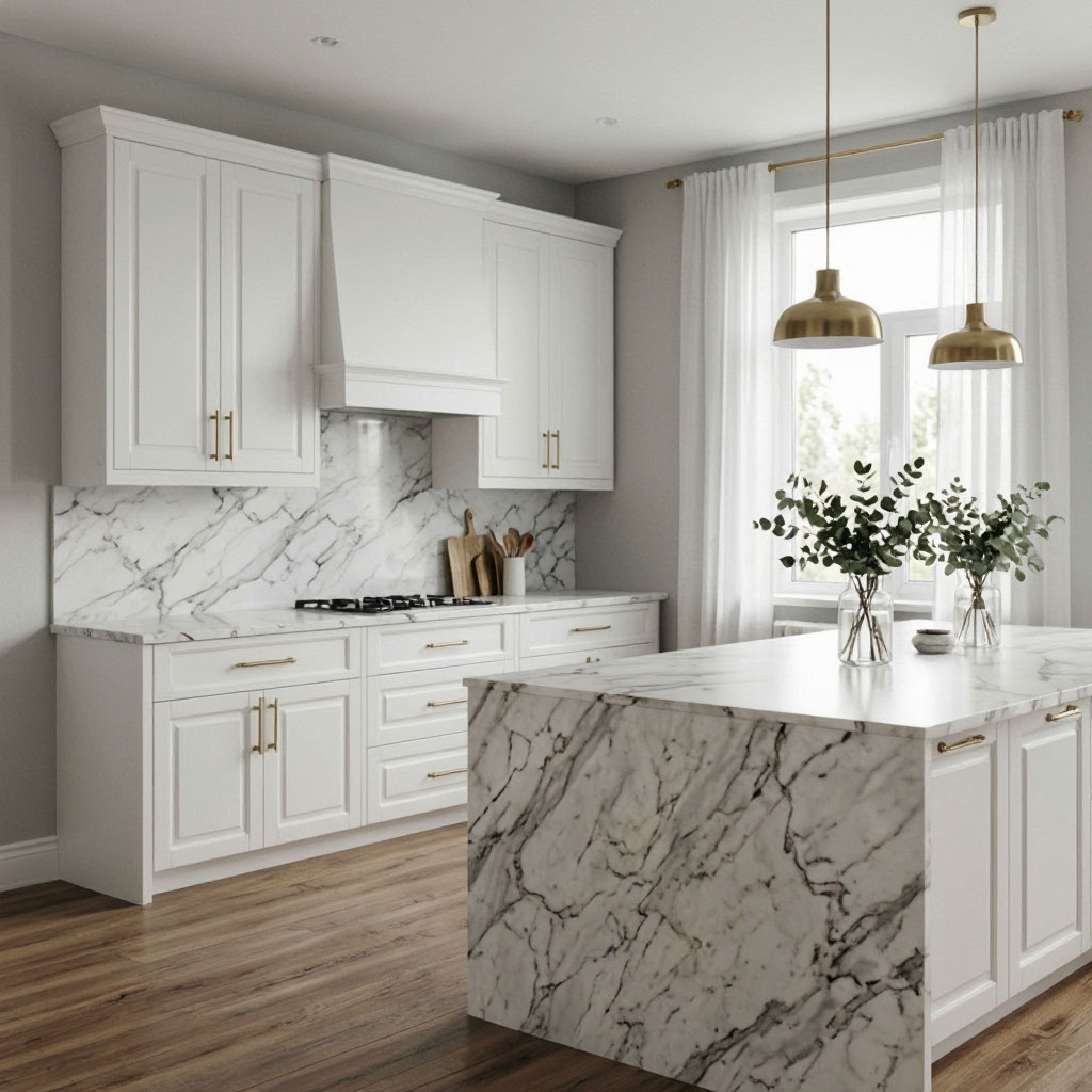 Transitional kitchen with shaker cabinets and marble countertop